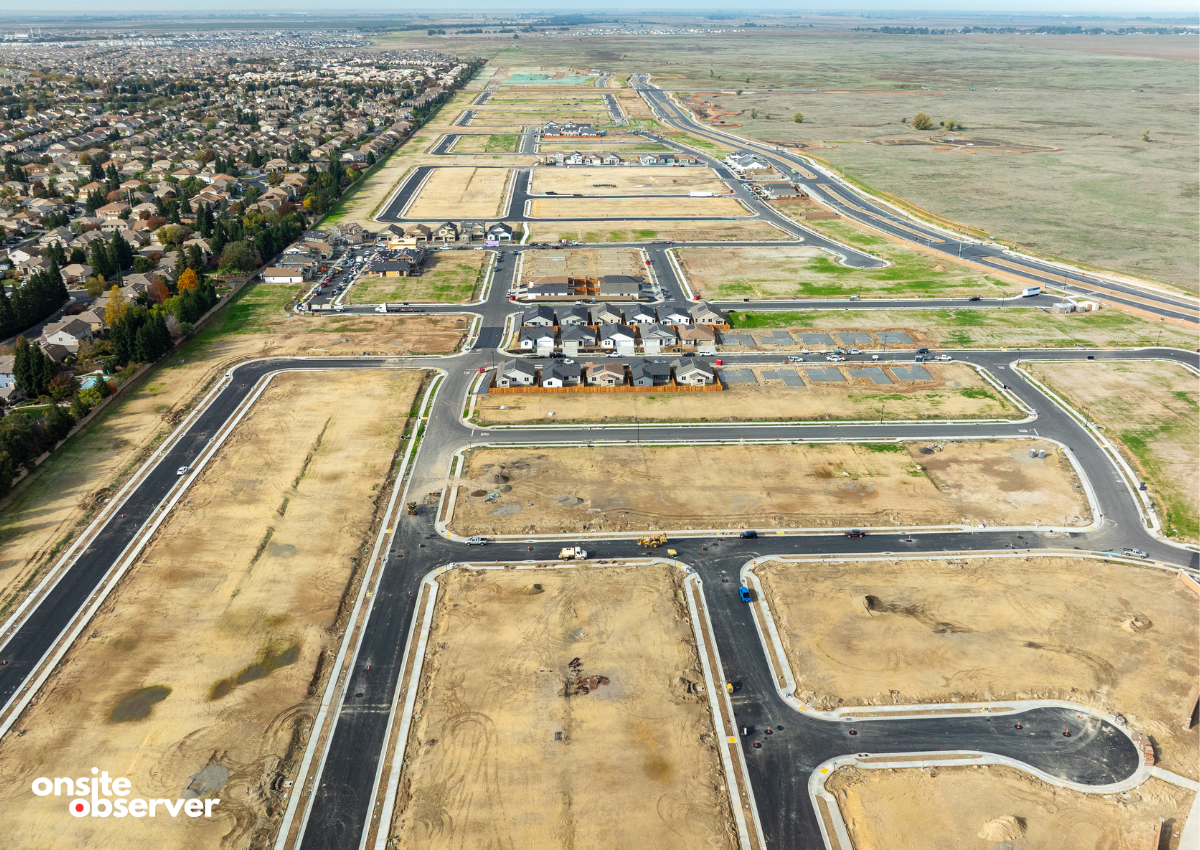 An aerial view of Placer One in Roseville shows newly paved roads and the project’s first neighborhoods taking shape along the extended Sunset Boulevard.