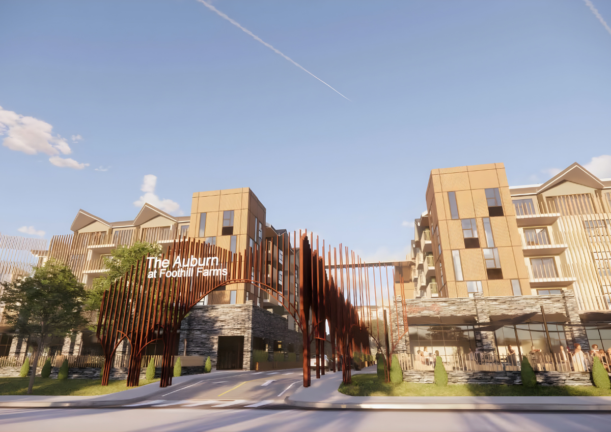 A rendering of The Auburn at Foothill Farms shows the project’s main entrance along Garfield Ave. Courtesy of NEO & Associates. 