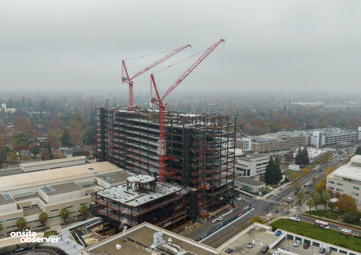 Aerial view of the California Tower construction rising over UC Davis Medical Center in Sacramento.