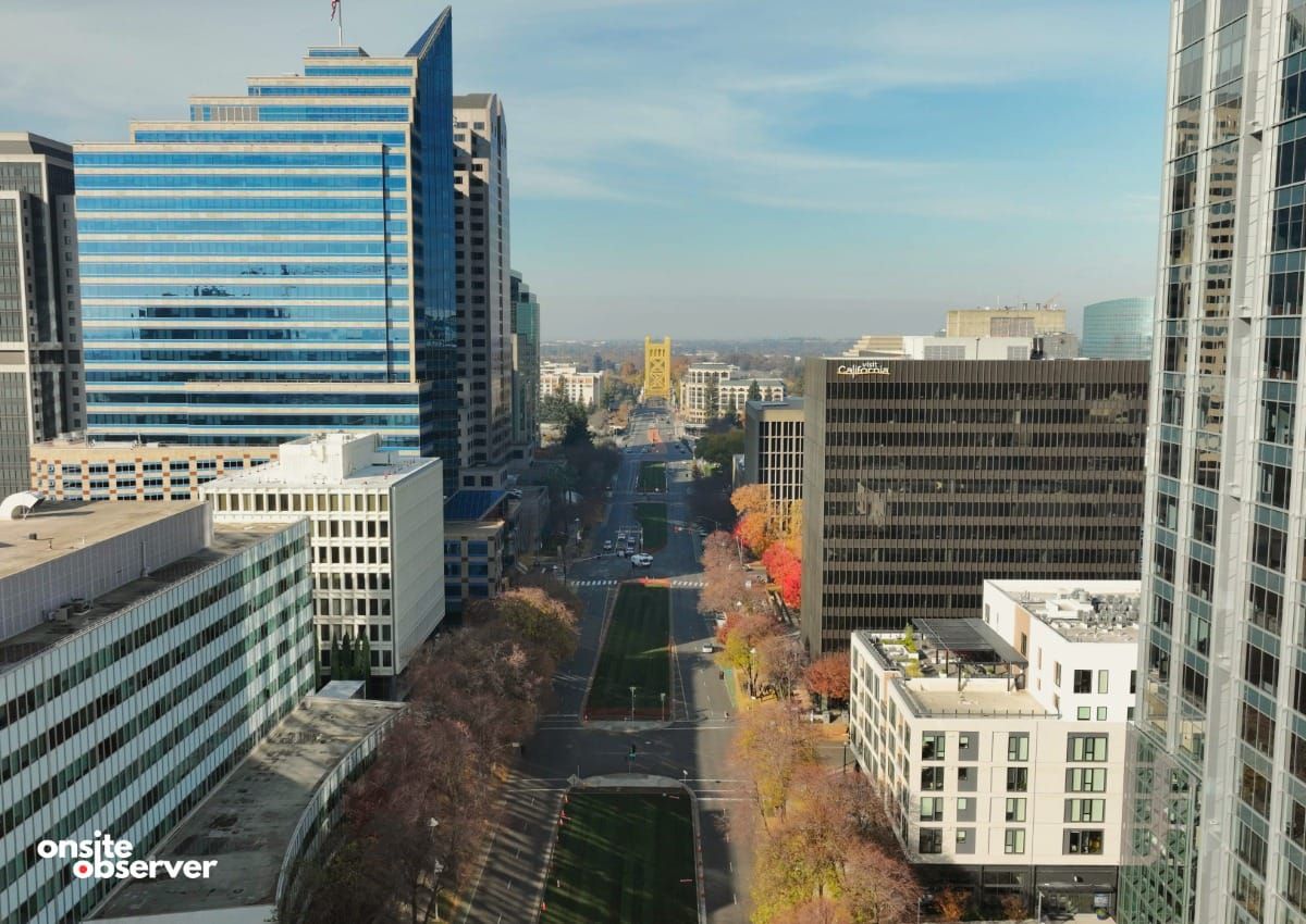 Aerial view of downtown Sacramento looking toward the Tower Bridge. Image courtesy Onsite Observer. 