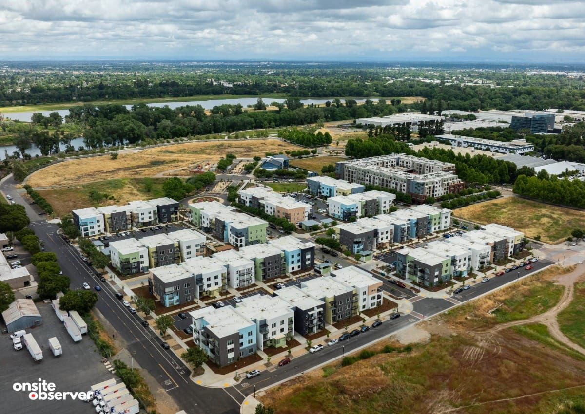 An aerial view of recent housing development in Sacramento’s River District, illustrating the city’s ongoing efforts to address affordability and growth.