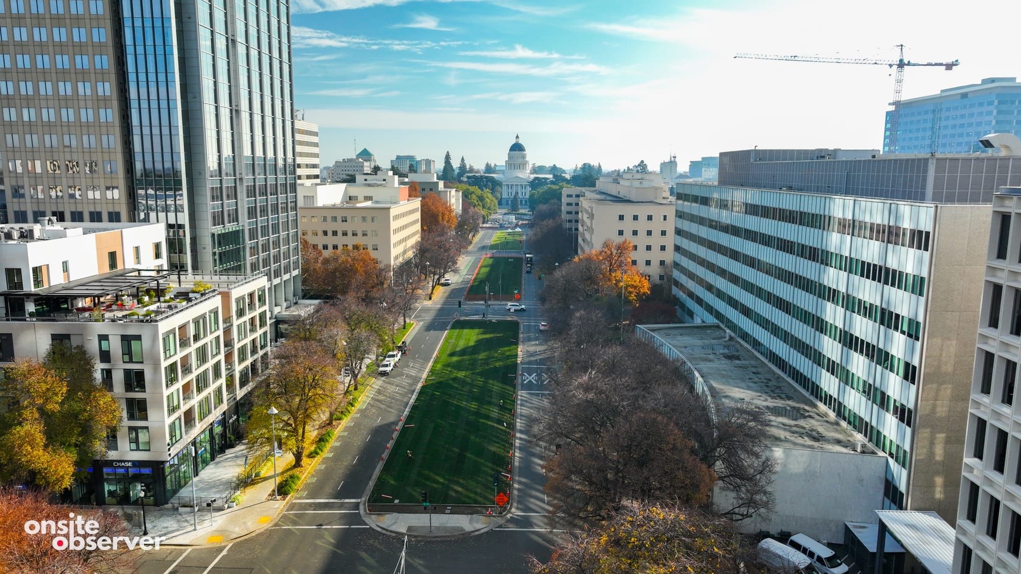An aerial view of Capitol Mall shows state office buildings targeted for early planning as part of a proposed Sacramento State downtown expansion.
