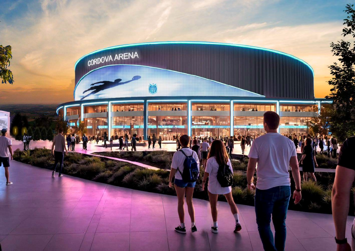 Rendering shows the proposed Cordova Arena at Downtown Dova, a 7,500-seat indoor venue envisioned as the centerpiece of Rancho Cordova’s new sports and entertainment district. 