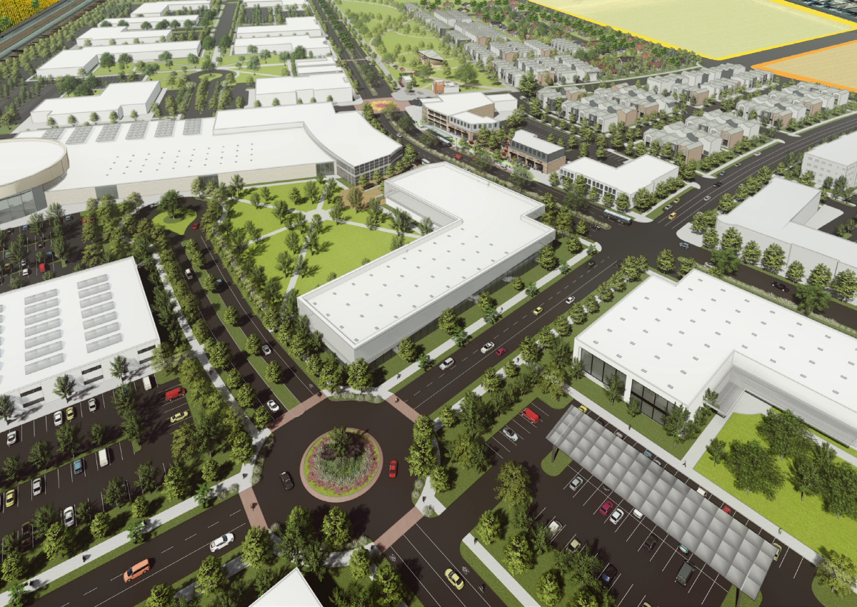 A conceptual rendering illustrates the proposed mix of employment space, internal circulation, and open areas planned for the Woodland Research & Technology Park. 