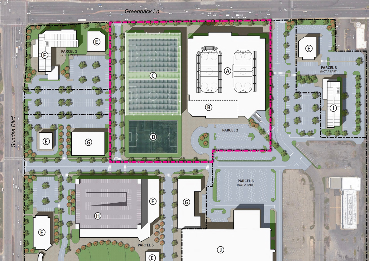 A site plan rendering shows the proposed Sunrise Sports Center at Sunrise Mall. Image: The Mettle Shop 