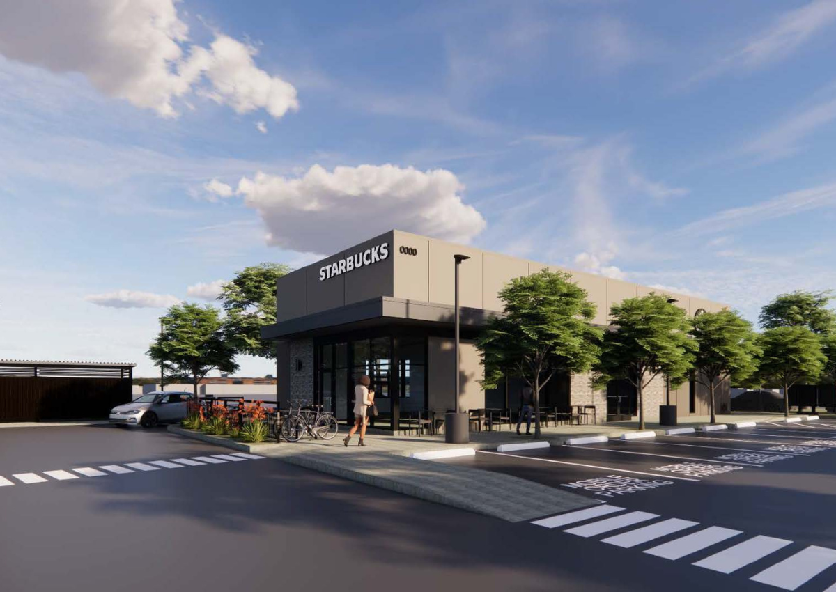 Rendering of the proposed Starbucks planned for the southeast corner of First Street and Joiner Parkway in Lincoln. Image: McCANDLESS & ASSOCIATES ARCHITECTS, INC.