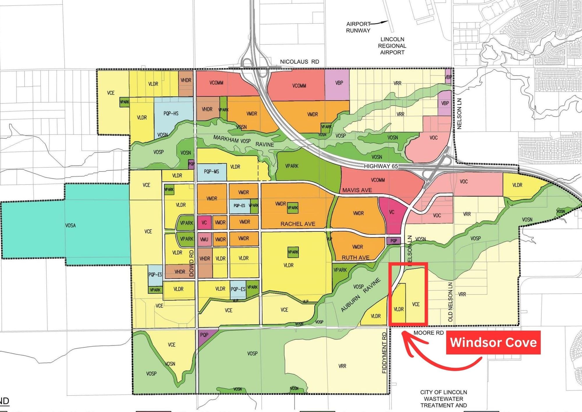 A map of Lincoln’s Village 5 Specific Plan highlights the proposed Windsor Cove development near Moore and Fiddyment roads. Image: City of Lincoln.