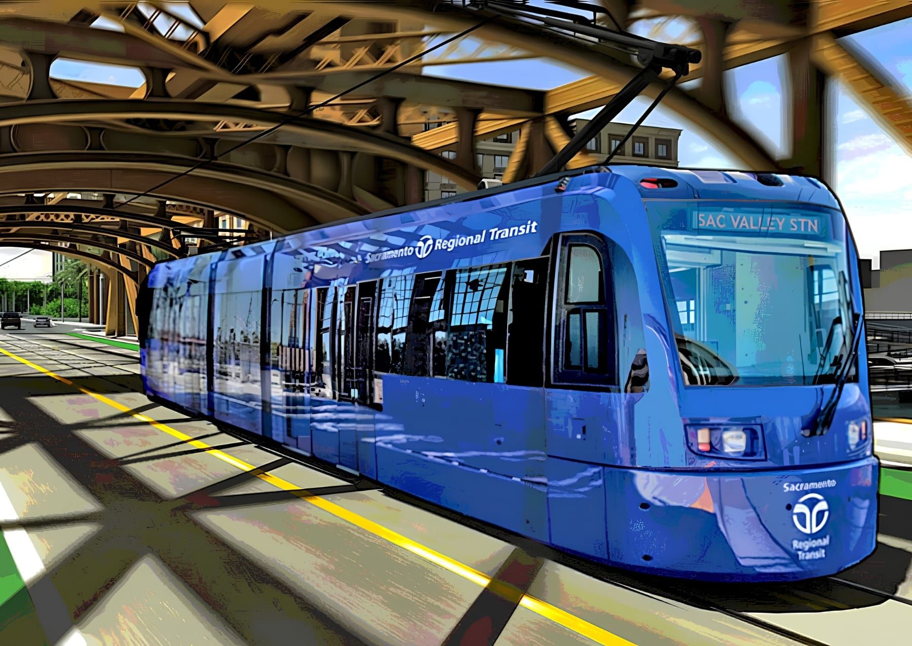 A rendering shows a SacRT streetcar traveling across the Tower Bridge as part of the proposed Downtown Riverfront Streetcar project. Image: SacRT.