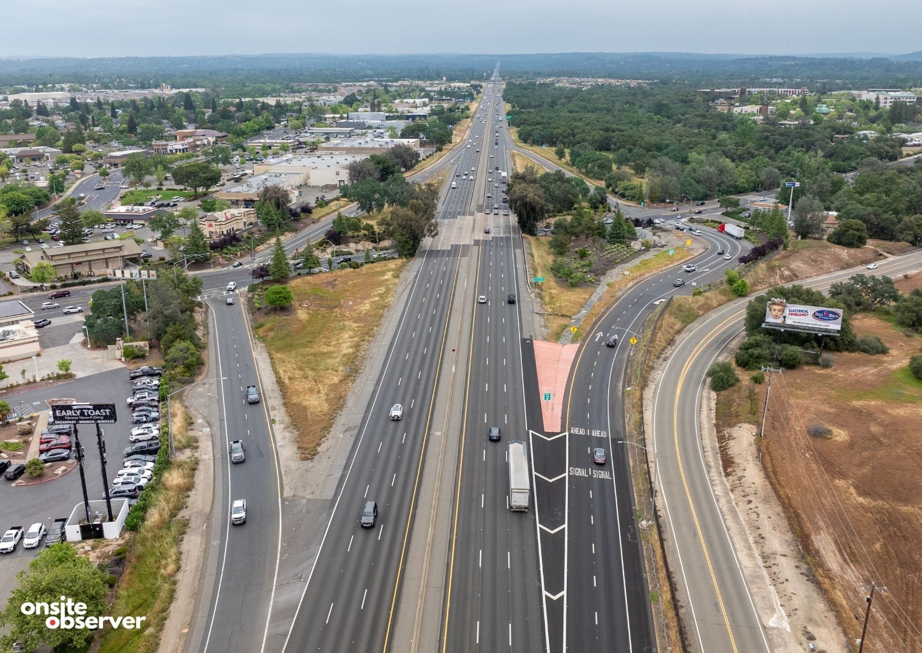 An aerial view shows the Rocklin Road/I-80 interchange, which the city plans to reconfigure with a diverging diamond design. Image: Onsite Observer.