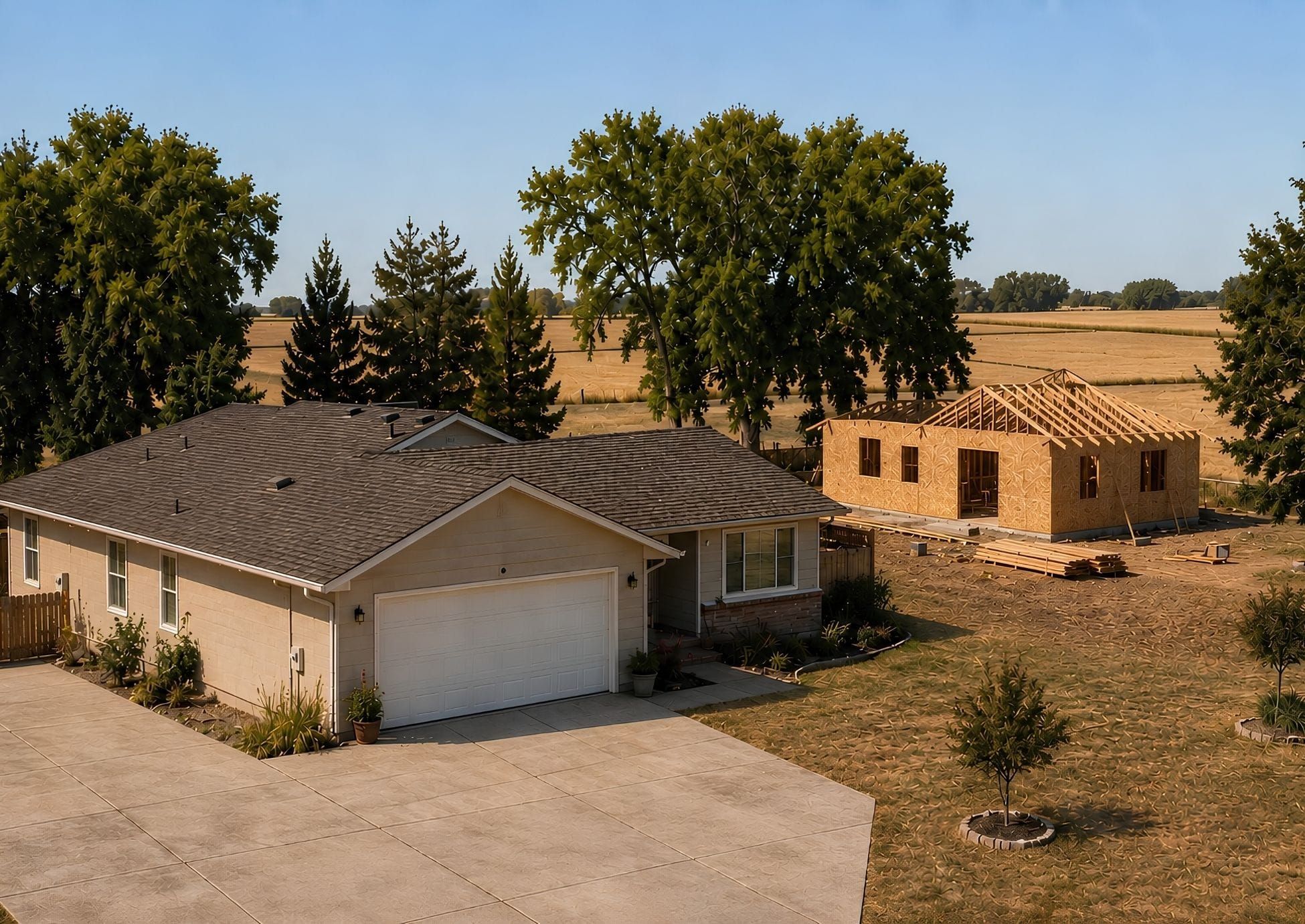A one-story home with a wide driveway and a wood-framed accessory dwelling unit under construction in the backyard, surrounded by trees and farmland.