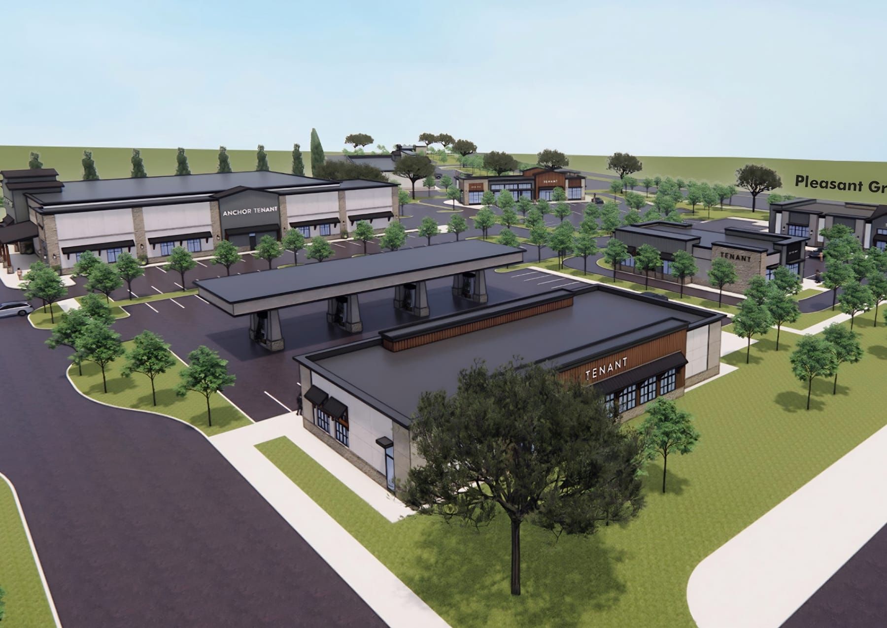 A conceptual rendering shows the proposed Sierra View Shopping Center, a seven-building commercial development planned at Pleasant Grove Boulevard and Fiddyment Road in west Roseville.