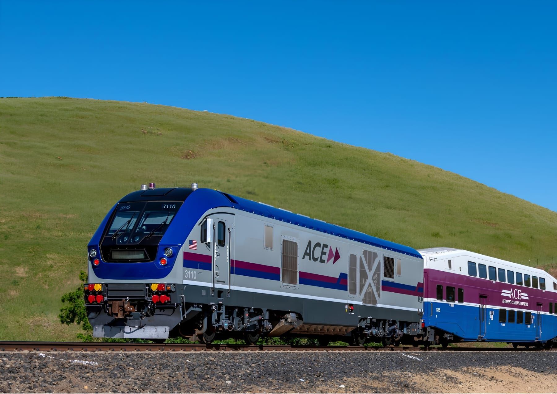 An Altamont Corridor Express train travels along its existing Stockton-to-San Jose route, which Valley Rail would extend north into Sacramento. 