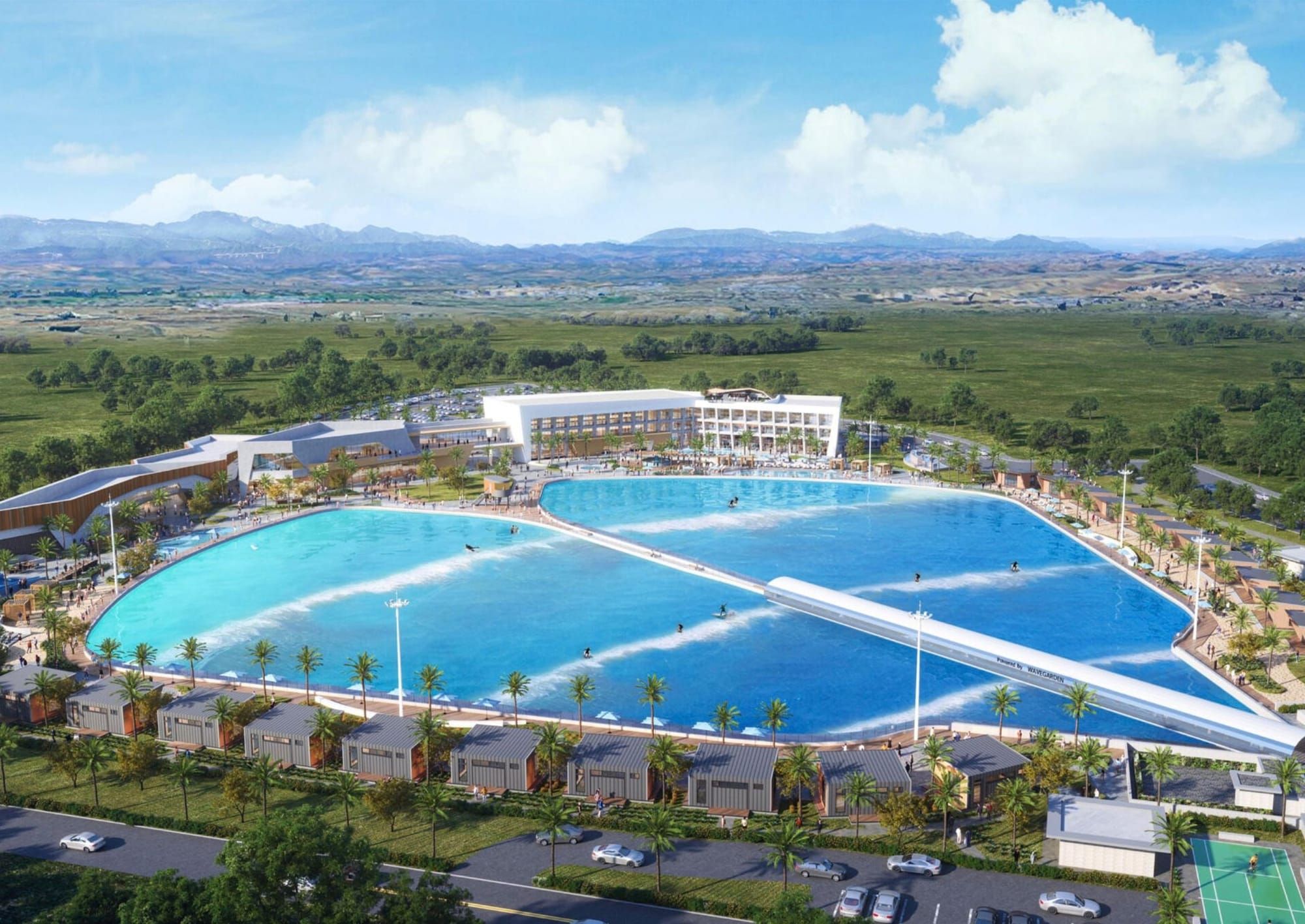 A rendering shows Alchemy Surf Resort’s planned five-acre surf lagoon, hotel and bungalows at Placer One north of Roseville.