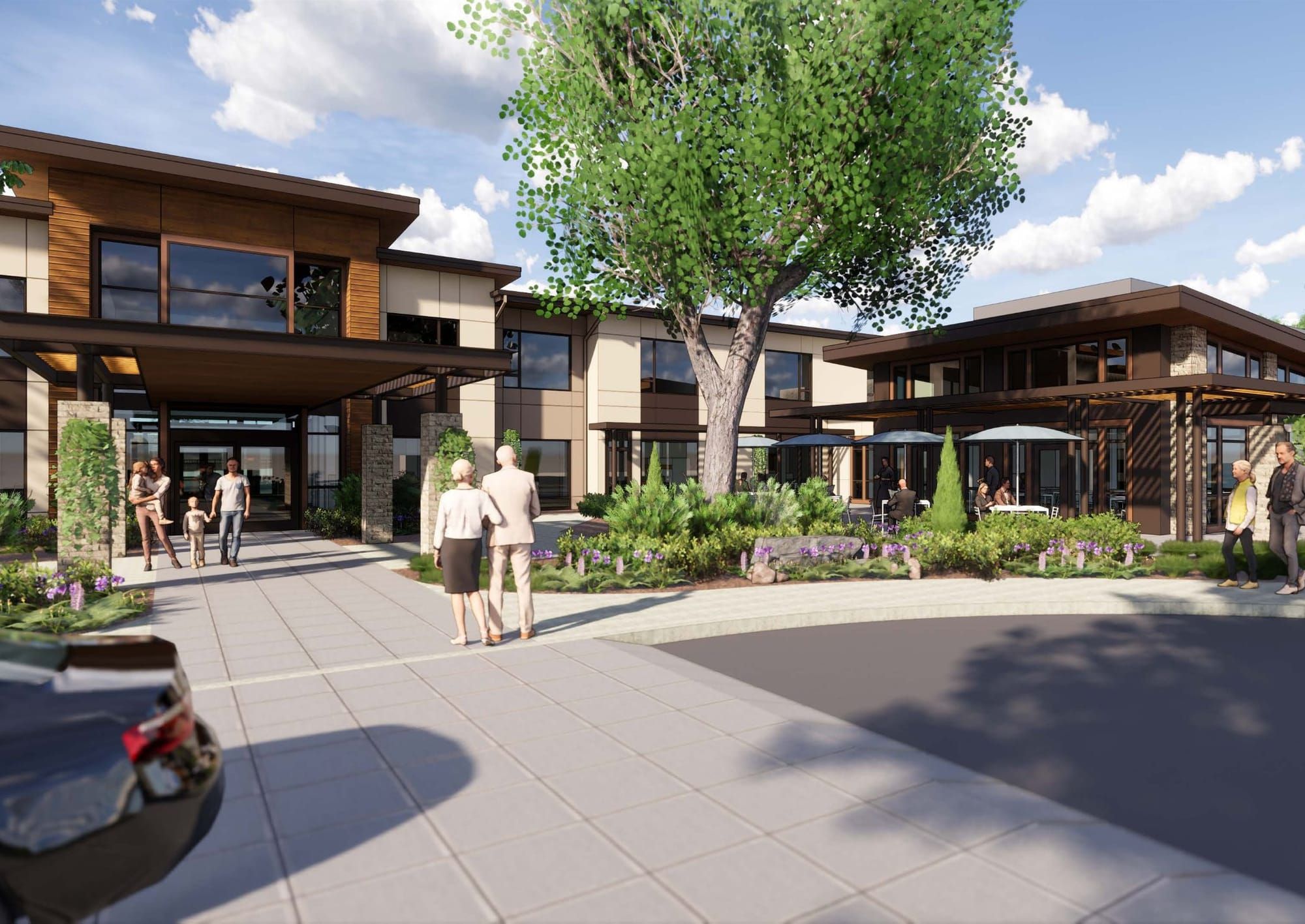 A rendering shows the entrance and landscaped outdoor spaces at Carefield Living’s proposed 107-unit assisted-living and memory-care community in Lincoln’s Twelve Bridges area