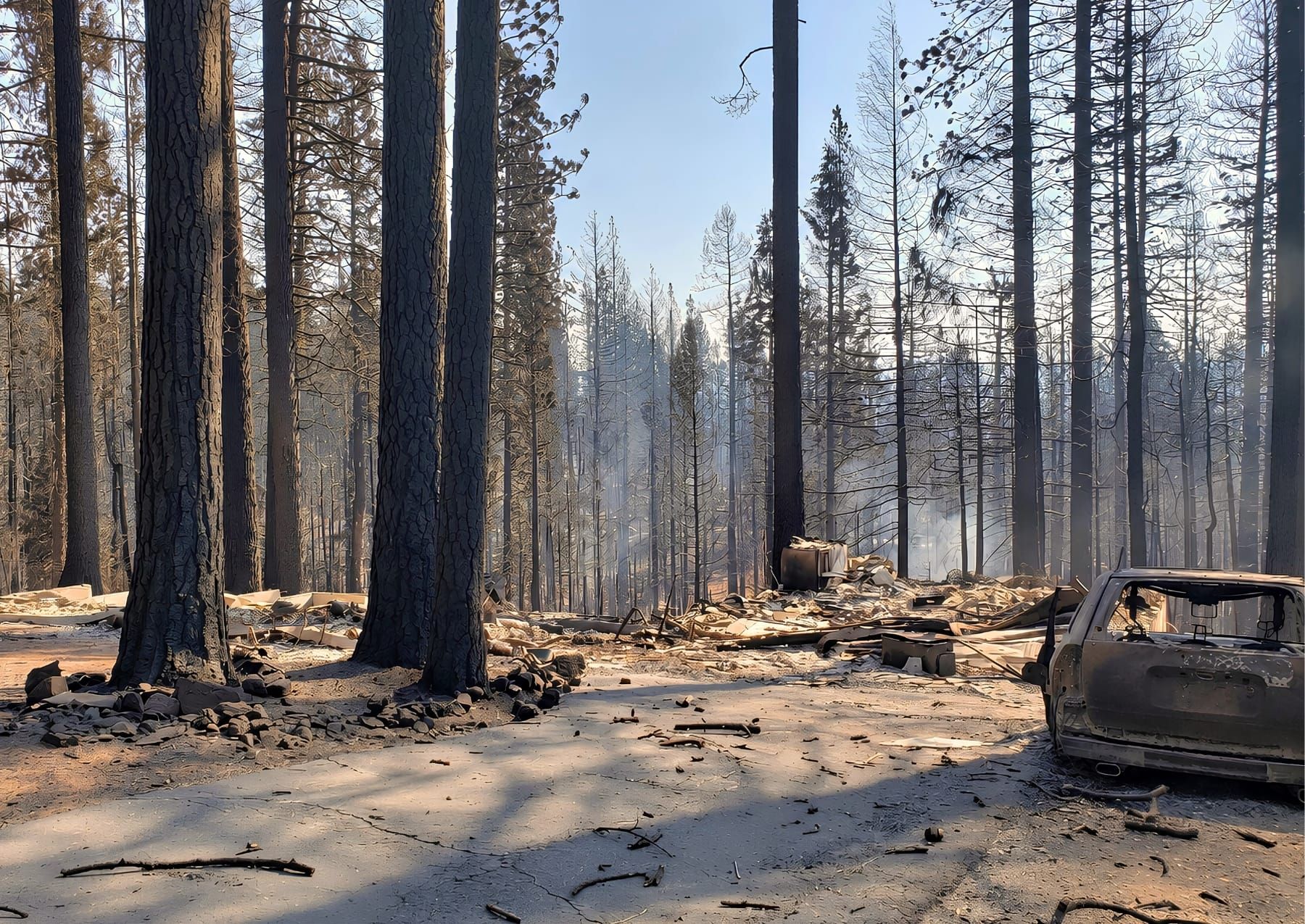 The remains of a burned home and vehicle sit among charred trees after the 2021 Caldor Fire.