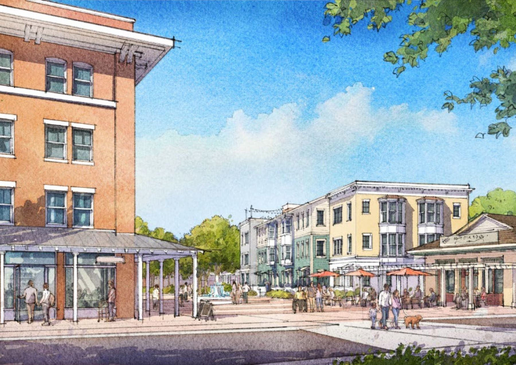 A conceptual rendering shows housing, commercial space and a public plaza proposed for Mills Crossing in Rancho Cordova.