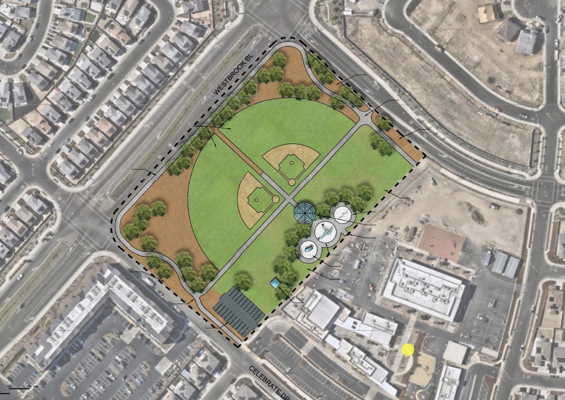 A rendering shows how Roseville plans to transform a vacant site in one of the city’s fastest-growing areas