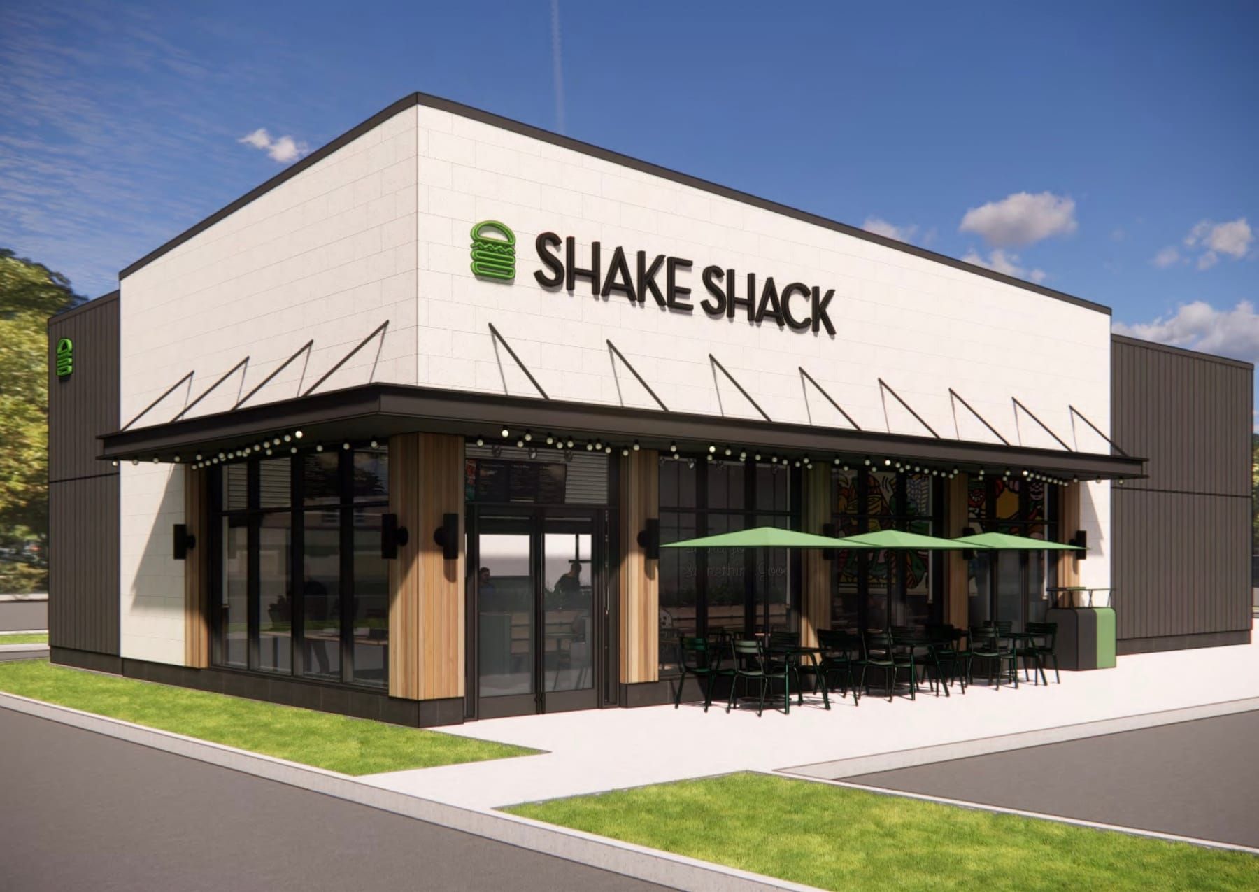 An architectural rendering shows the proposed 3,150-square-foot Shake Shack. Image: Market Street Development LLC/Kinyon + Kim Architects, Inc.