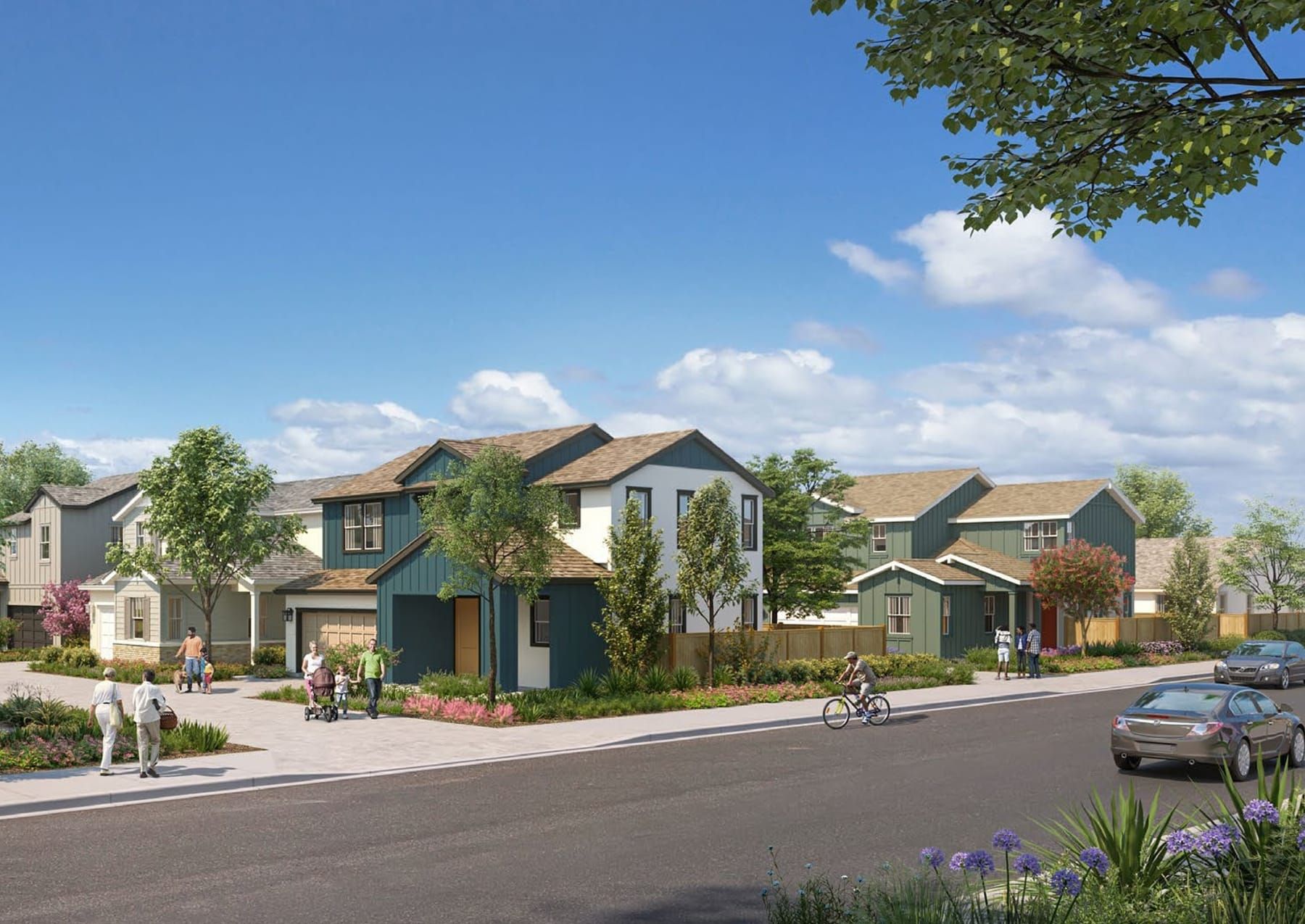 An architectural rendering shows the proposed farmhouse-style homes and landscaped streets of Capital Village Residences. Image: KTGY.