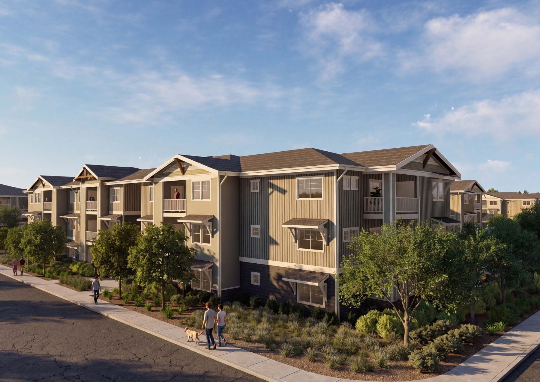 A rendering shows a proposed apartment community in Antelope, with three-story buildings and landscaped walkways. Image: Pacific West Architecture.