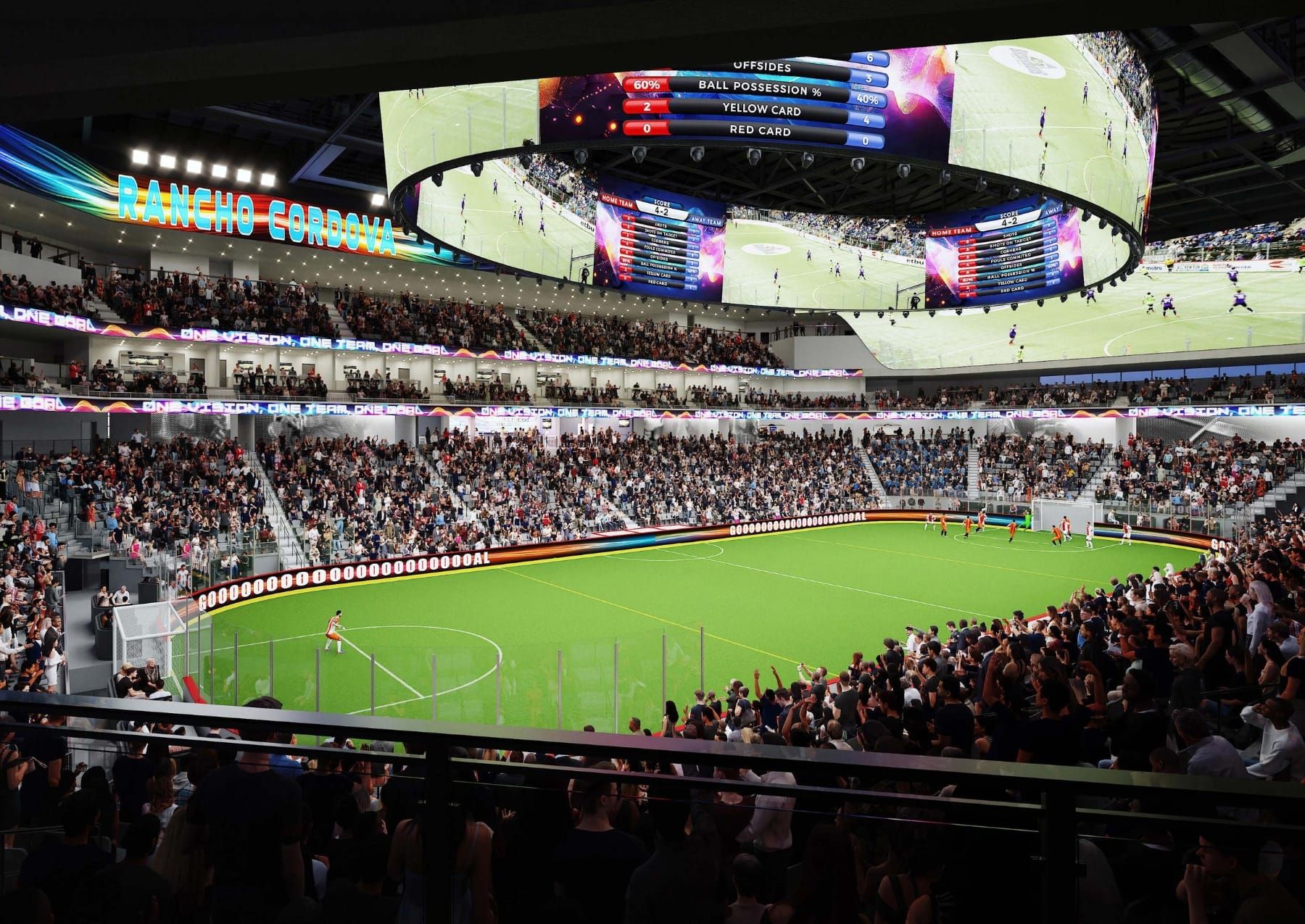 A rendering of the proposed 7,500-seat Cordova Arena. The arena would anchor Rancho Cordova’s planned Downtown DOVA district.