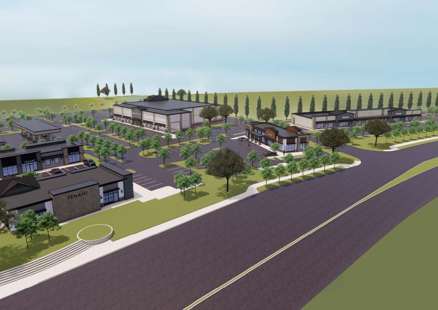 A conceptual rendering shows the proposed Sierra View Shopping Center, a seven-building commercial development planned at Pleasant Grove Boulevard and Fiddyment Road in west Roseville. Image: