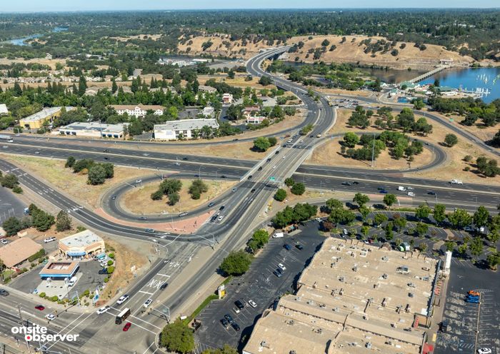 An aerial view of the Hazel Avenue interchange at Highway 50, where Sacramento County plans a multiyear reconstruction of the bridge, ramps and surrounding road network.