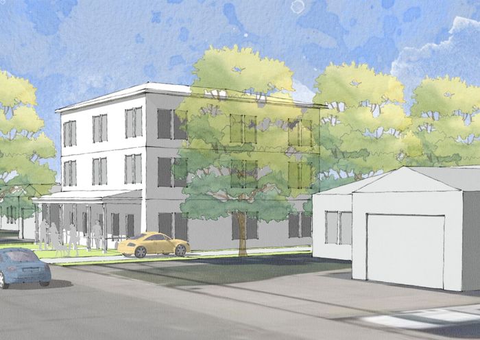 A city rendering shows a three-story multifamily building next to a single-family home as Sacramento considers changes to its zoning rules. Image: City of Sacramento.