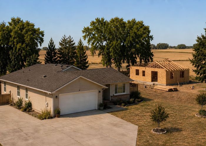 A one-story home with a wide driveway and a wood-framed accessory dwelling unit under construction in the backyard, surrounded by trees and farmland.