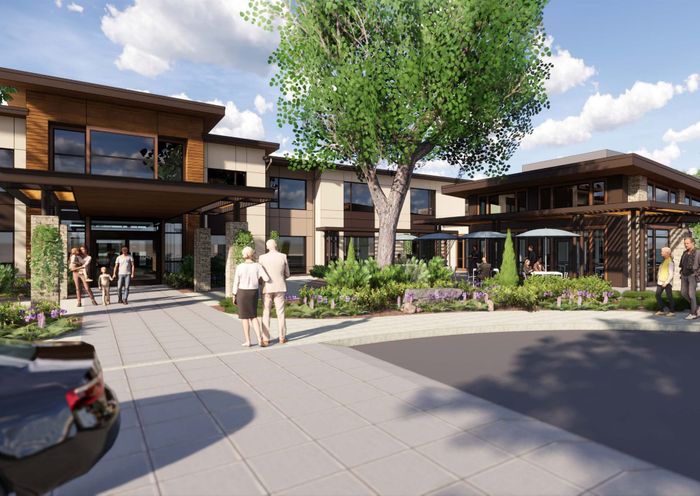 A rendering shows the entrance and landscaped outdoor spaces at Carefield Living’s proposed 107-unit assisted-living and memory-care community in Lincoln’s Twelve Bridges area