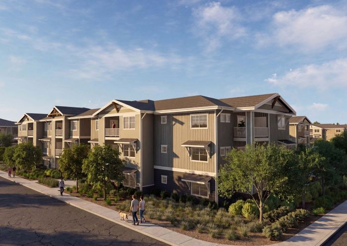 A rendering shows a proposed apartment community in Antelope, with three-story buildings and landscaped walkways. Image: Pacific West Architecture.
