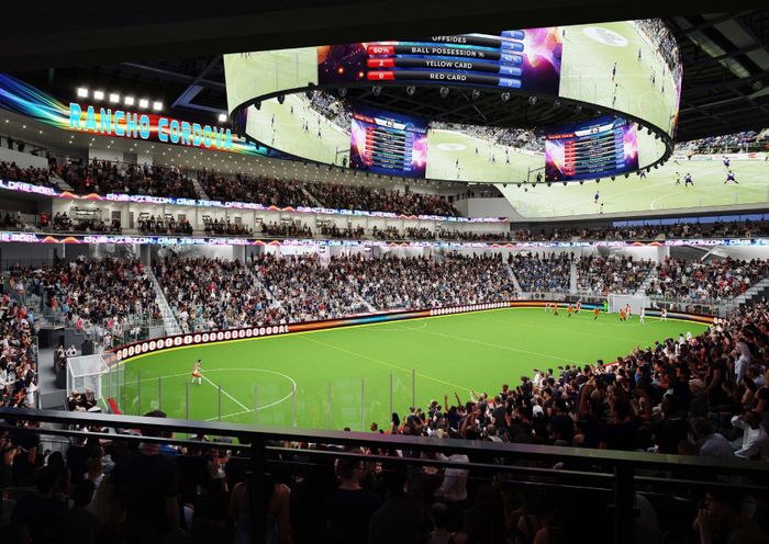 A rendering of the proposed 7,500-seat Cordova Arena. The arena would anchor Rancho Cordova’s planned Downtown DOVA district.
