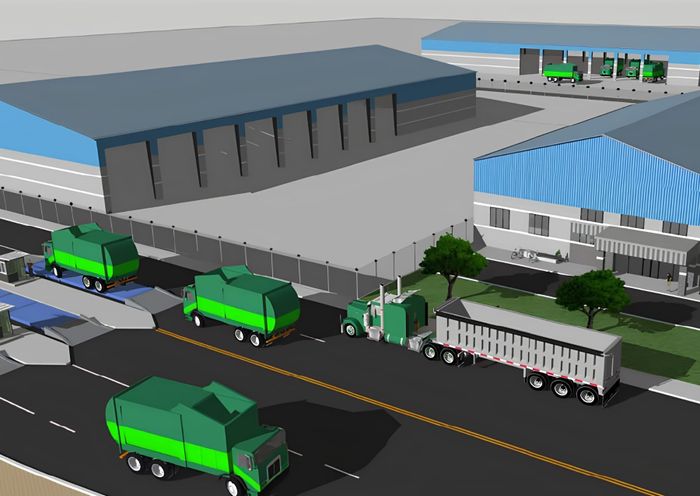 A rendering shows garbage trucks lining up at the scales of the recycling and waste transfer center Roseville approved along Phillip Road.