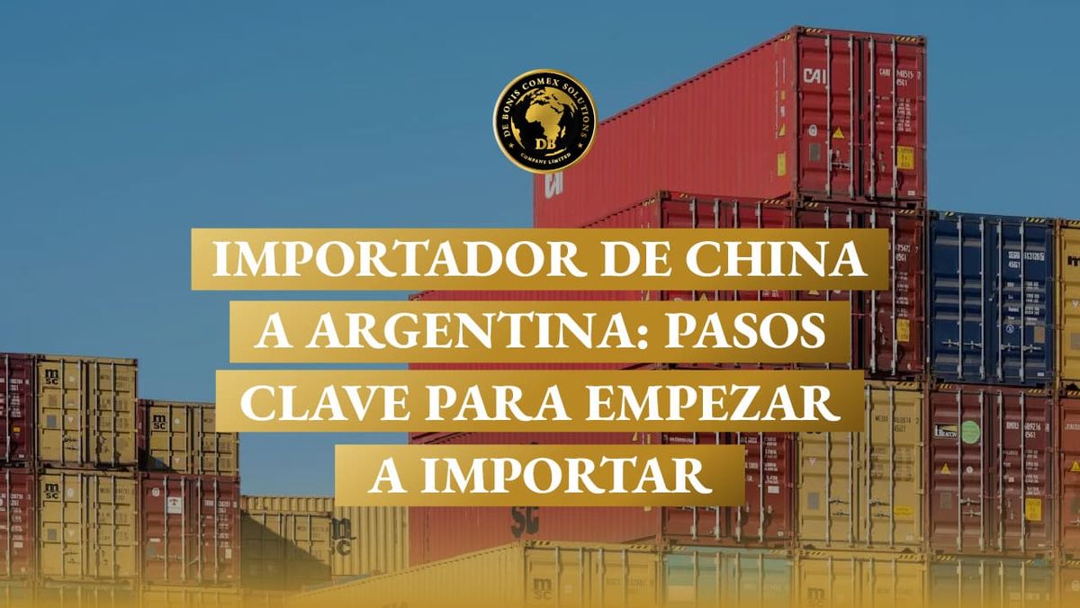 Contenedores marítimos apilados y un logo empresarial sobre fondo azul, ilustrando los pasos clave para ser Importador de Chi