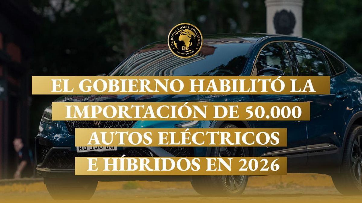 Automóvil eléctrico moderno con texto informativo sobre la habilitación gubernamental para la importación de 50.000 autos eléctricos e híbridos en 2026 en Argentina.