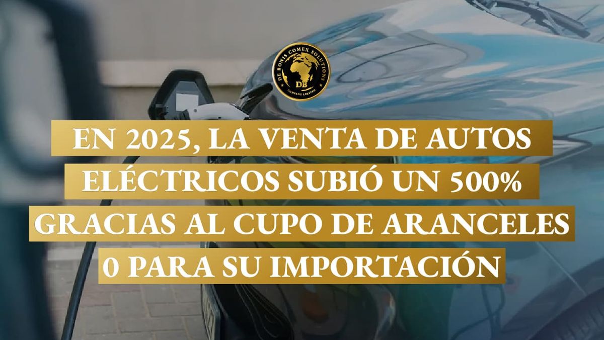 Imagen de un auto eléctrico conectado a un cargador, con un texto informativo sobre el crecimiento de ventas en 2025 vinculado a la importación con arancel cero.