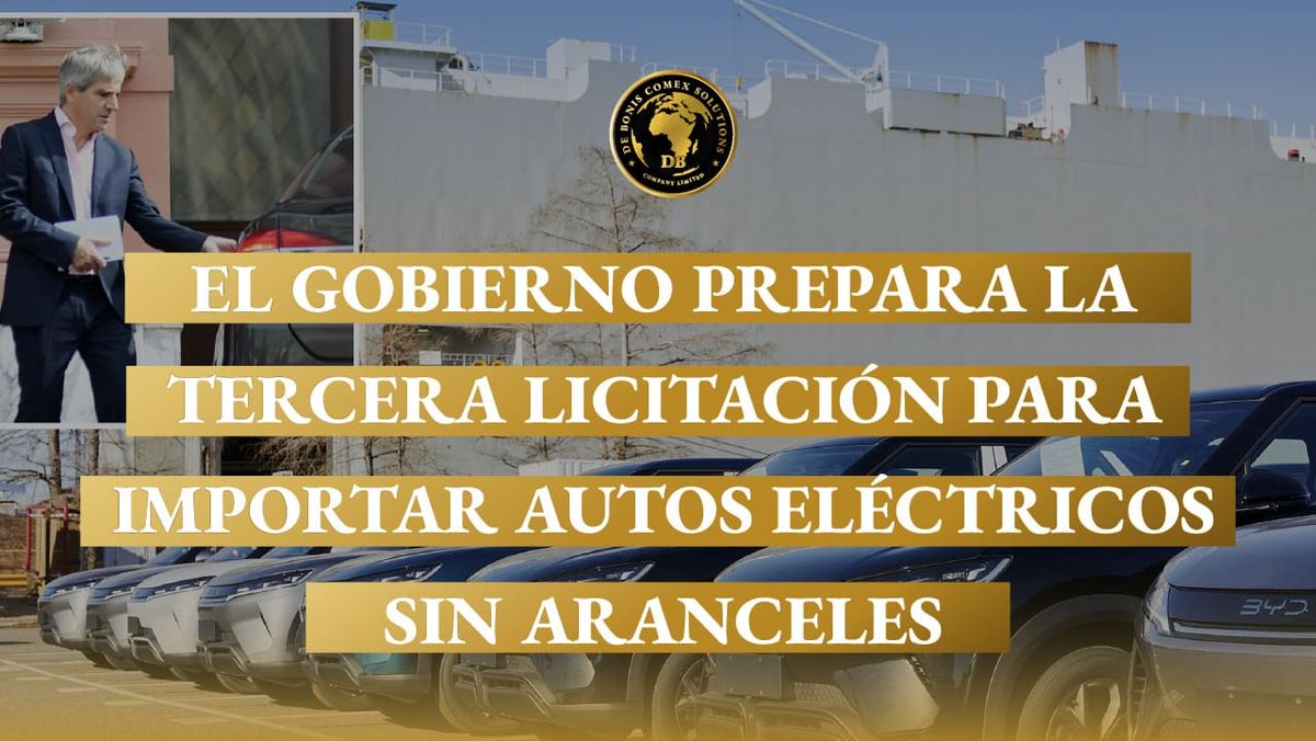 Vehículos eléctricos estacionados junto a una terminal automotriz y un funcionario, en una imagen sobre la tercera licitación para importar autos sin aranceles en Argentina.