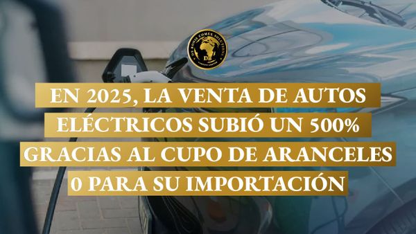 Imagen de un auto eléctrico conectado a un cargador, con un texto informativo sobre el crecimiento de ventas en 2025 vinculado a la importación con arancel cero.