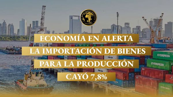 Puerto con contenedores y buques de carga en una nota sobre la caída de las importaciones de bienes de producción y bienes de capital en Argentina.
