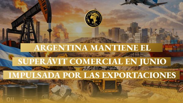 Barco portacontenedores, avión de carga, barril y bomba de extracción de petróleo junto a contenedores, representando las exportaciones y el crecimiento del comercio exterior argentino.