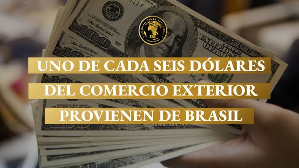 Billetes de dólares estadounidenses con un mensaje sobre Brasil, destacando que uno de cada seis dólares del comercio exterior argentino proviene del intercambio bilateral con el principal so