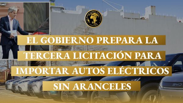 Vehículos eléctricos estacionados junto a una terminal automotriz y un funcionario, en una imagen sobre la tercera licitación para importar autos sin aranceles en Argentina.