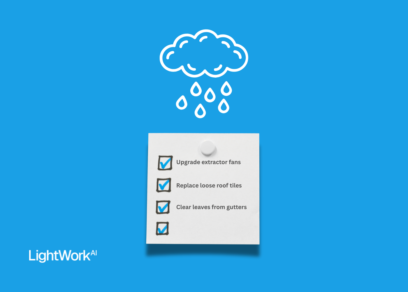 LightWork AI autumn maintenance checklist for landlords and property managers. Feature image with a storm cloud, rain and post it note with checklist.