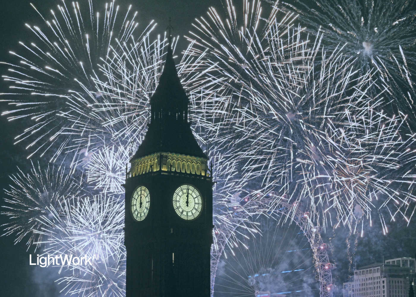 Big ben with fireworks in the background and lightwork ai logo