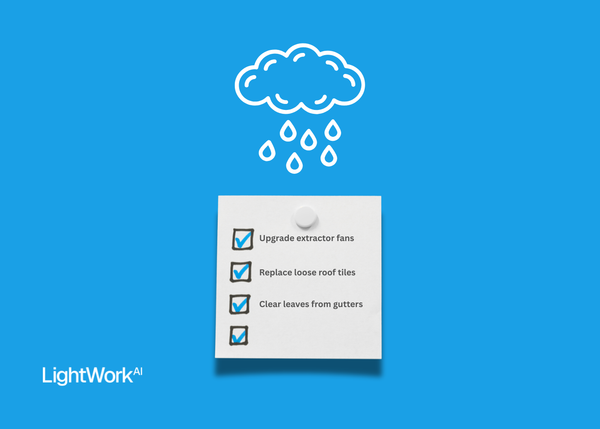 LightWork AI autumn maintenance checklist for landlords and property managers. Feature image with a storm cloud, rain and post it note with checklist.
