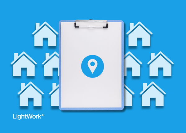 LightWork AI logo, clipboard with houses in background and location pin