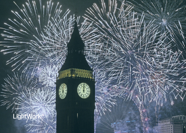 Big ben with fireworks in the background and lightwork ai logo