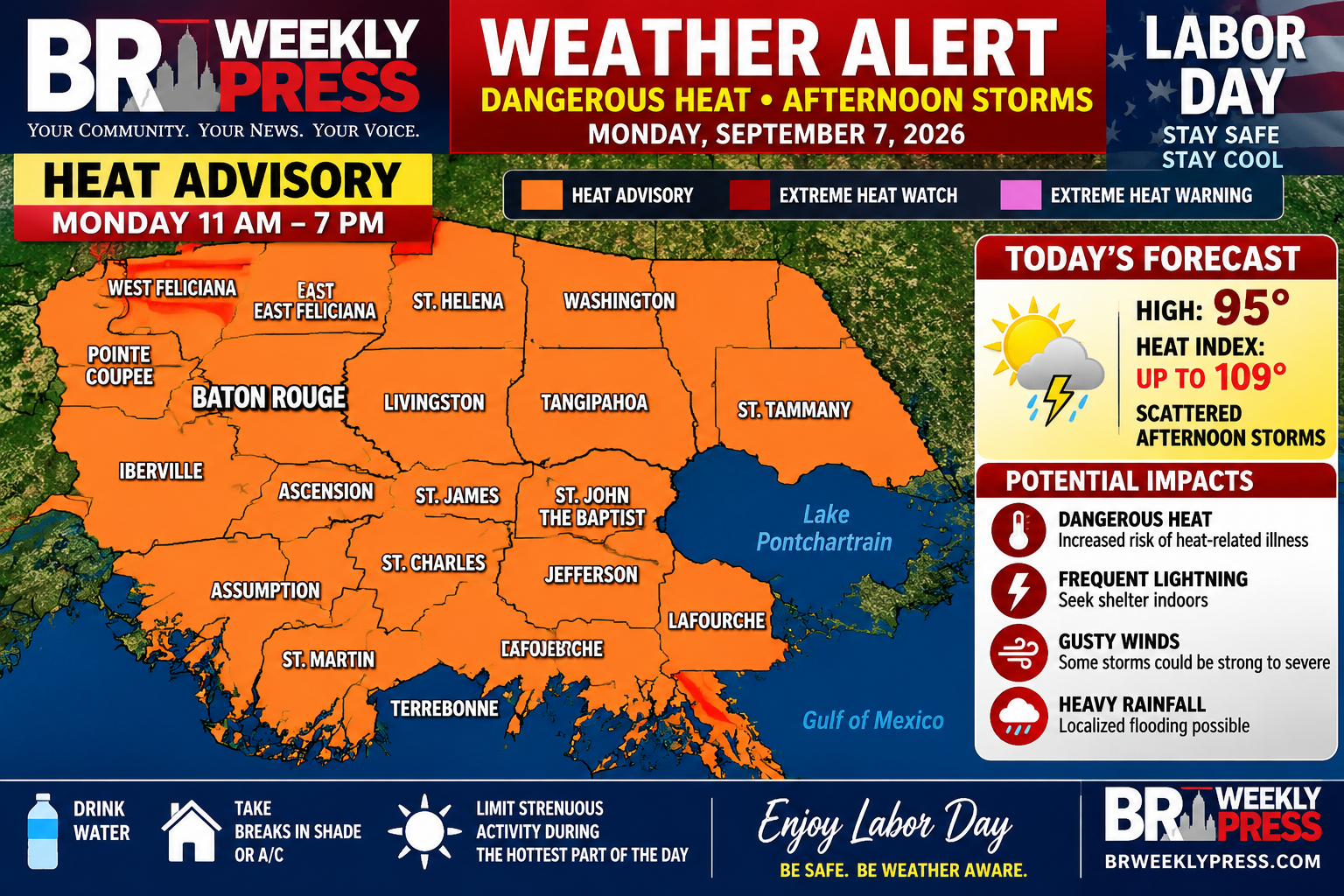 Labor Day Heat, Afternoon Storms Put South Louisiana on Alert