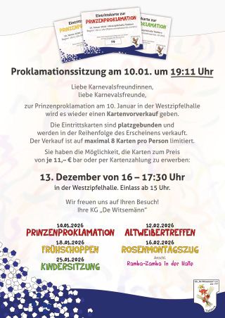 Kartenvorverkauf 13.12. zur Proklamationssitzung der KG „De Witsemänn“
