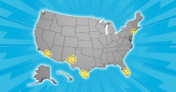 US map with yellow location markers highlighting Hispanic-majority counties and their 2024 presidential vote shift